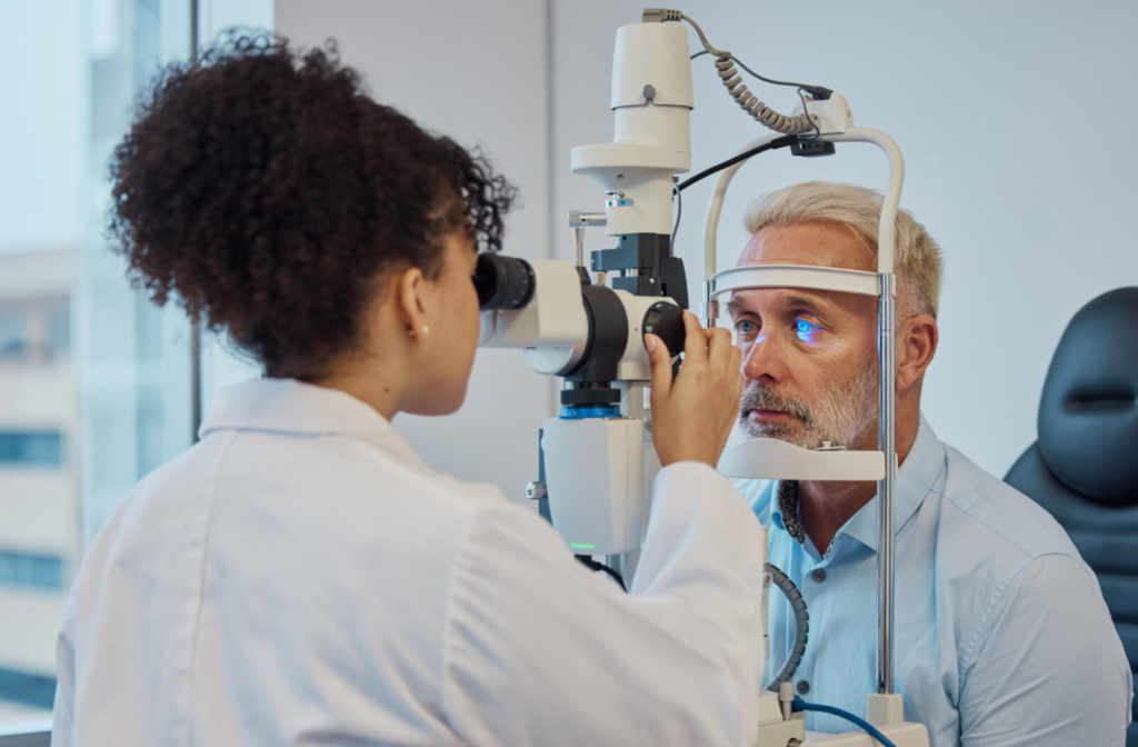 A senior man undergoing an eye exam to detect early signs of eye conditions caused by aging.