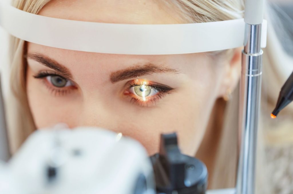 Patient undergoing an eye examination at an eye clinic