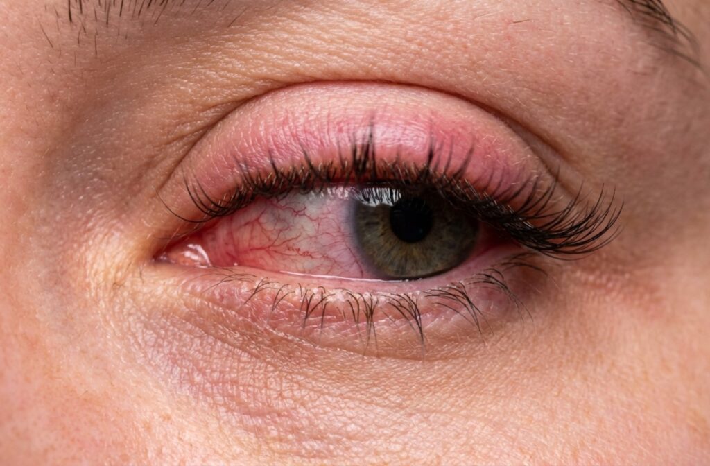Close-up of an adult's eye with eyelash extensions showing a red bloodshot sclera and swollen eyelid margin.