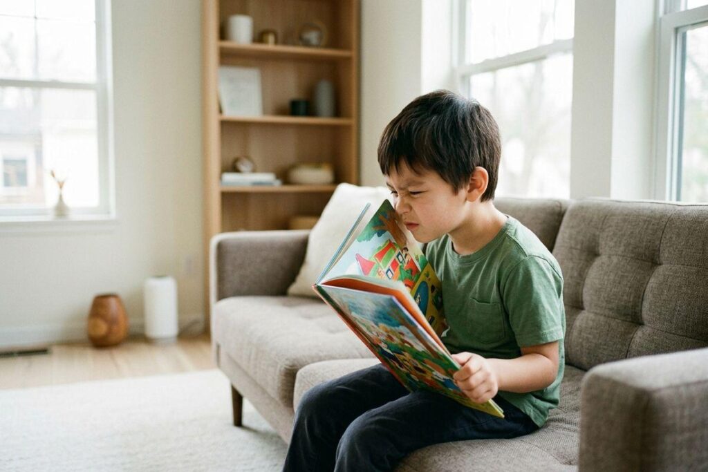 Child sitting on a sofa in a living room, holding a colorful picture book very close to their face, squinting while reading.