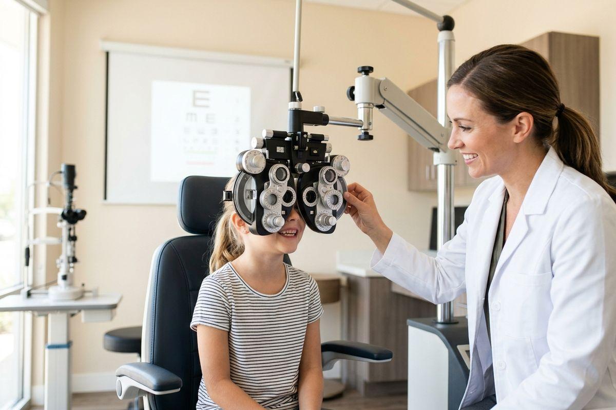 Smiling optometrist adjusting a phoropter over a smiling child's eyes during an eye exam, with an eye chart visible in the background.