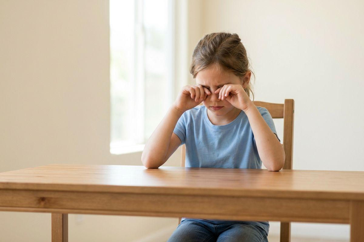 Child sitting at a wooden table, rubbing both eyes with fists, wearing a blue t-shirt, indoors near a window.