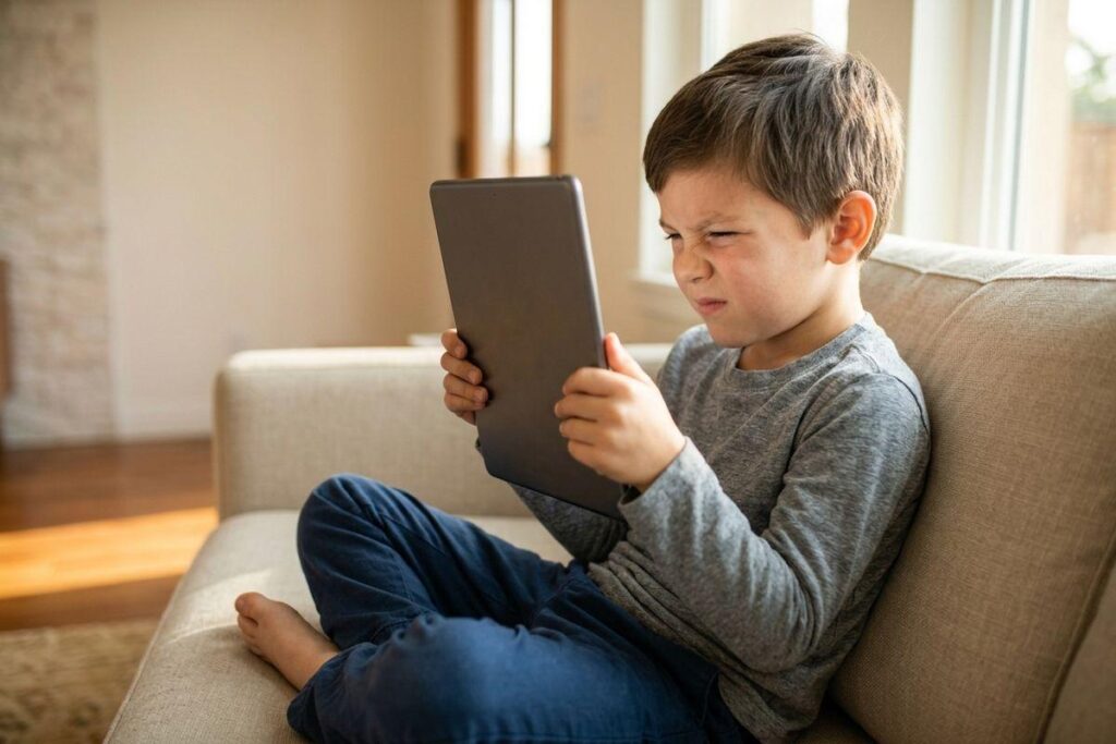 Child sitting cross-legged on a sofa, squinting while holding a tablet close to their face in a bright living room.