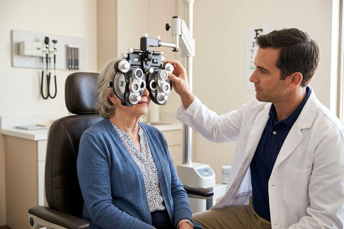 Optometrist adjusting a phoropter in front of a seated older adult patient during an eye exam in a clinic.