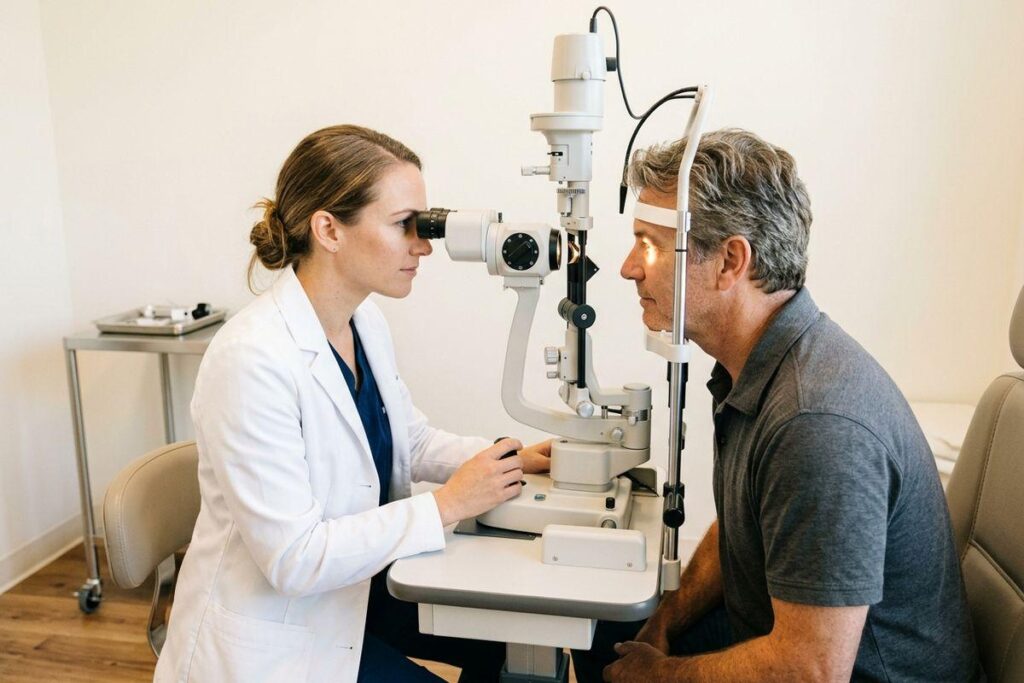 Optometrist using a slit lamp to examine an adult patient's eye in an eye exam room.