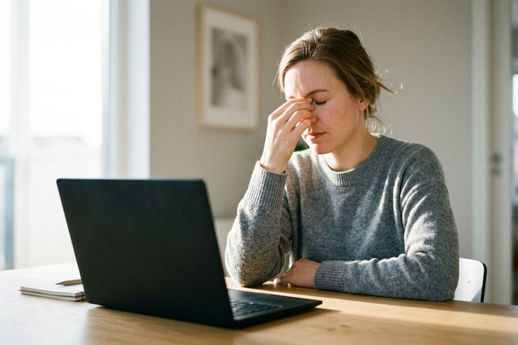 Adult sitting at a wooden desk with a laptop, eyes closed, pinching the bridge of their nose with a strained expression.