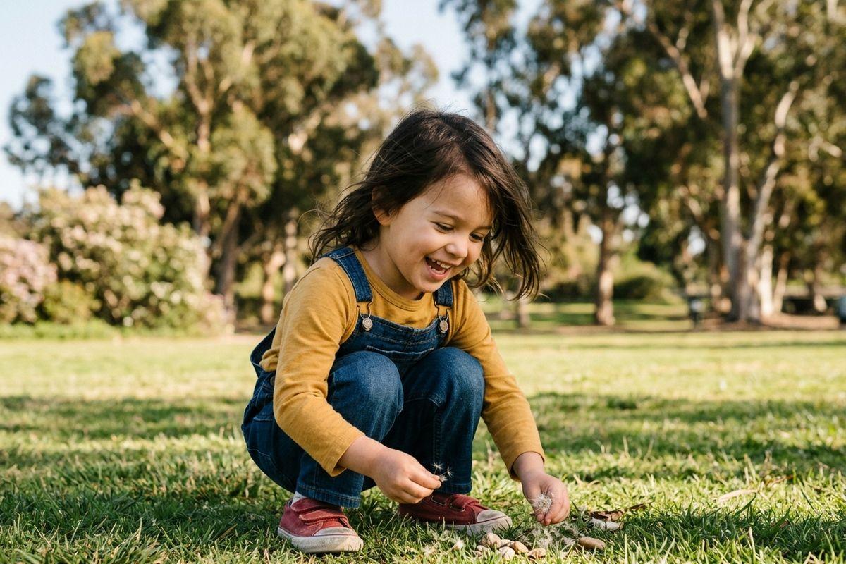 Child crouching on grass in a park, smiling while picking up a dandelion seed, with trees in the background.
